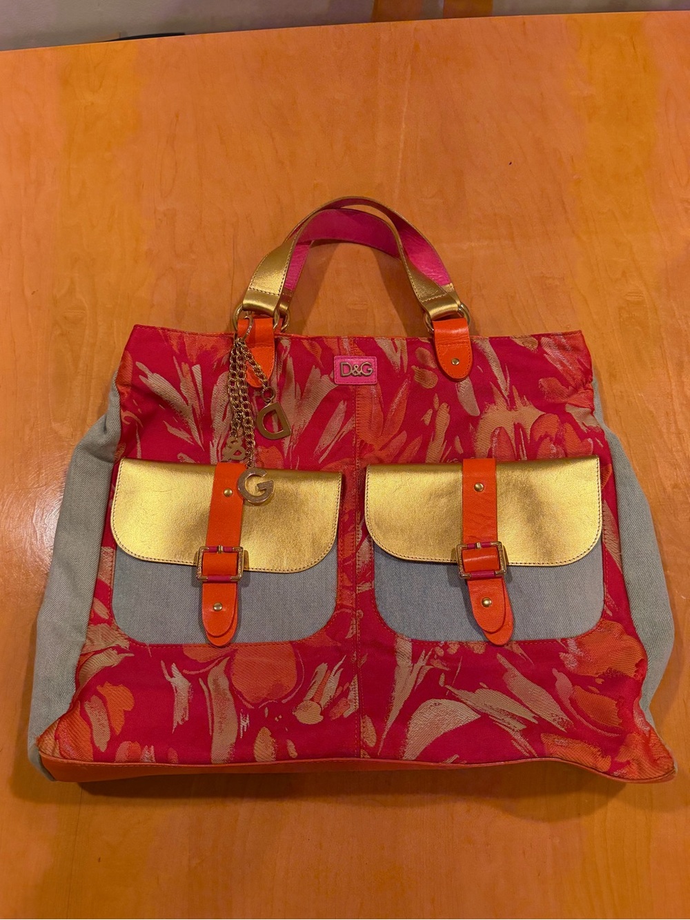 Dolce & Gabbana Red Floral Tote with Gold Flap and Orange Accents